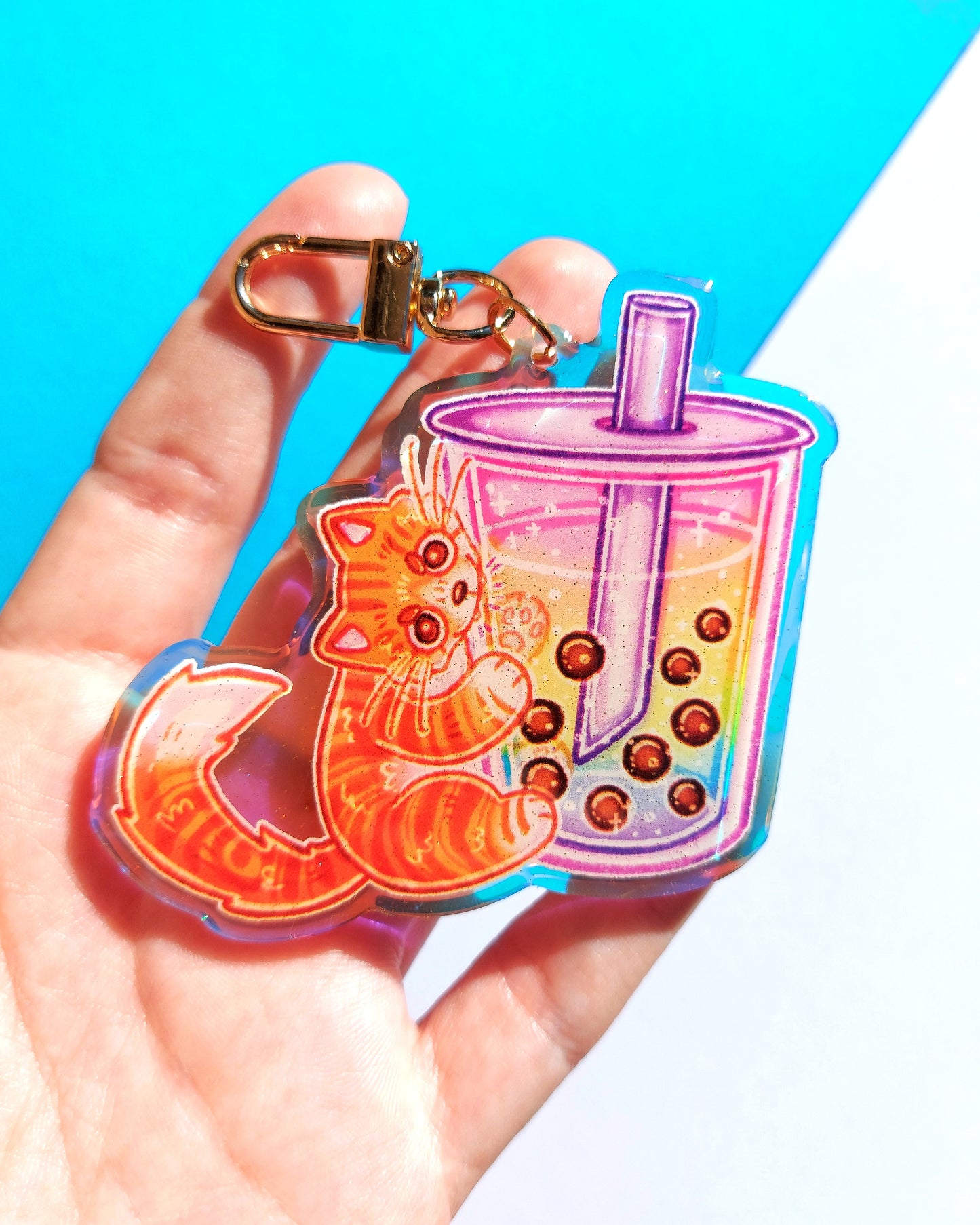 Boba Cat Rainbow Acrylic Glitter Epoxy Charms