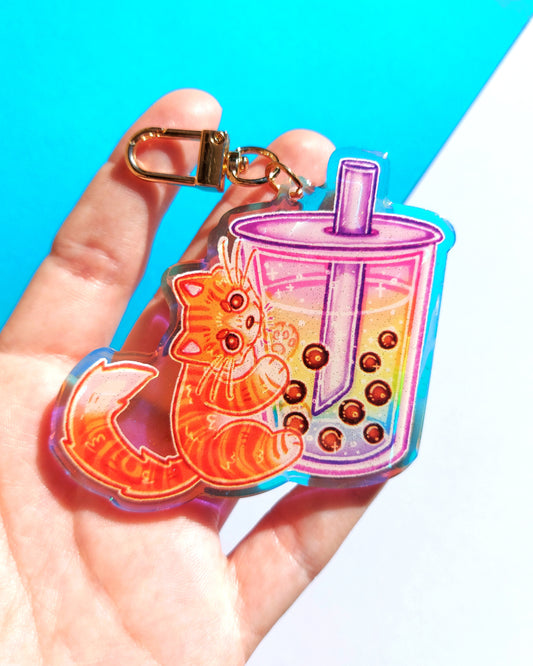 Boba Cat Rainbow Acrylic Glitter Epoxy Charms
