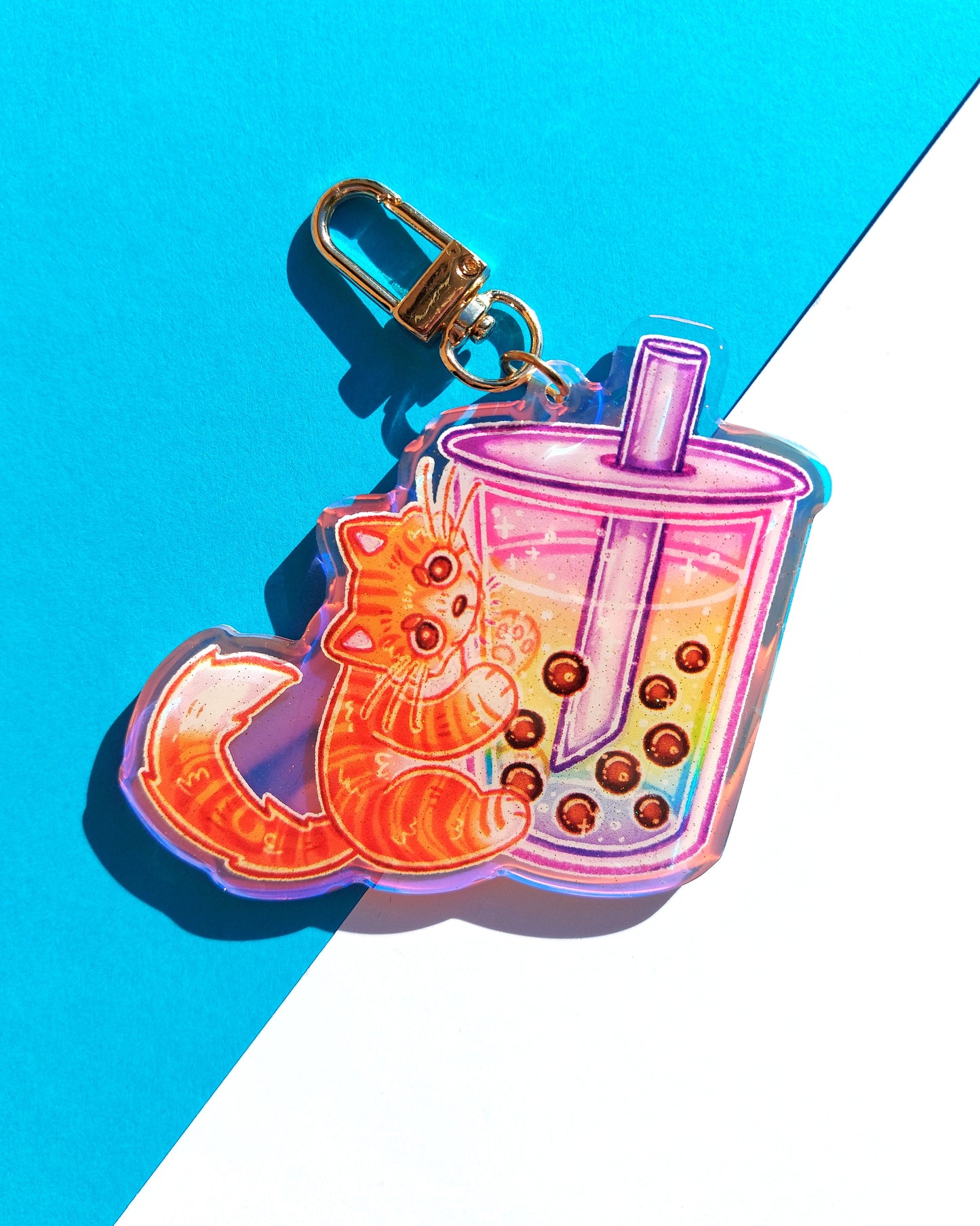 Boba Cat Rainbow Acrylic Glitter Epoxy Charms